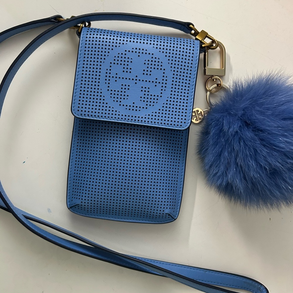 Blue Crossbody Tory Burch Phone Bag with Pom Pom